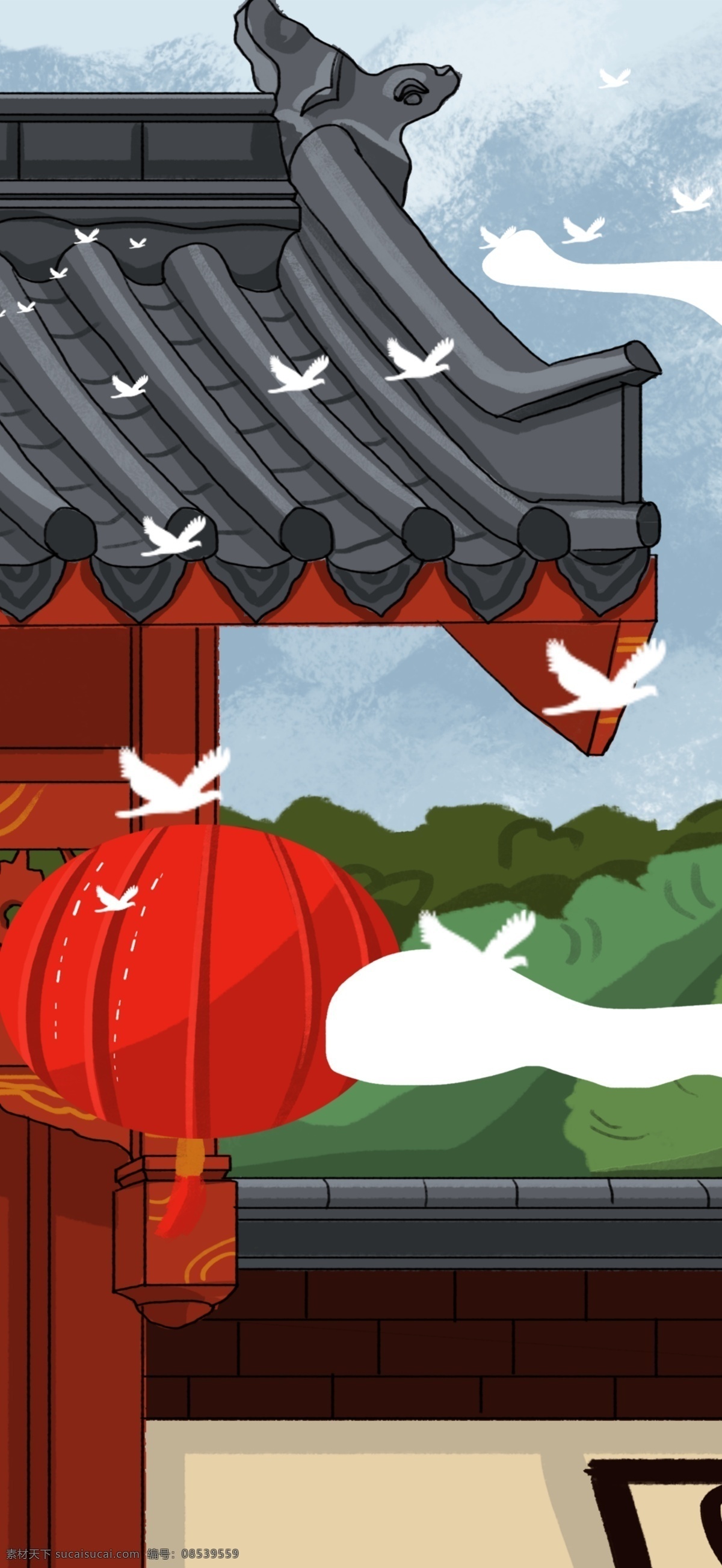 庭院 木门 复古 中国 风 古风 建筑 插画 中国风
