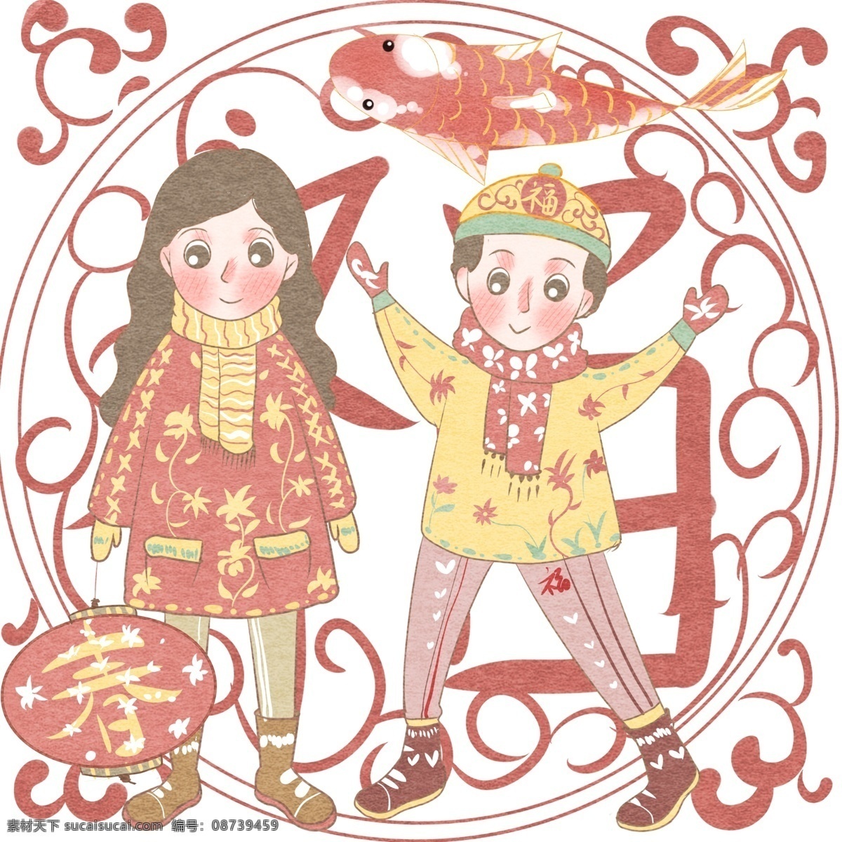 二 人 新年 欢欣鼓舞 红色 灯笼 福气 图 红色灯笼 迎新春 贺新年 黄色 欢喜 红色锦鲤 送福到 2019 猪年 农历新年