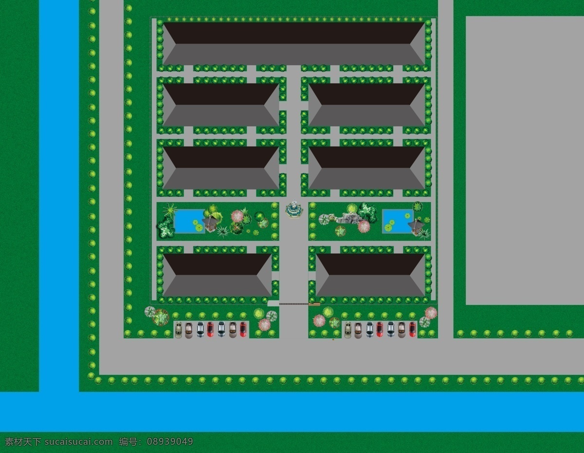厂区平面图 平面图 树木 道路 花草 花草平面图 装饰装修 环境设计 施工图纸 青色 天蓝色