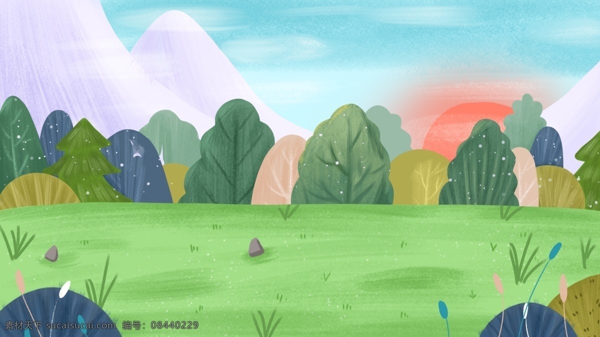 户外 草坪 清新 插画 背景 海报 素材图片 类 分层