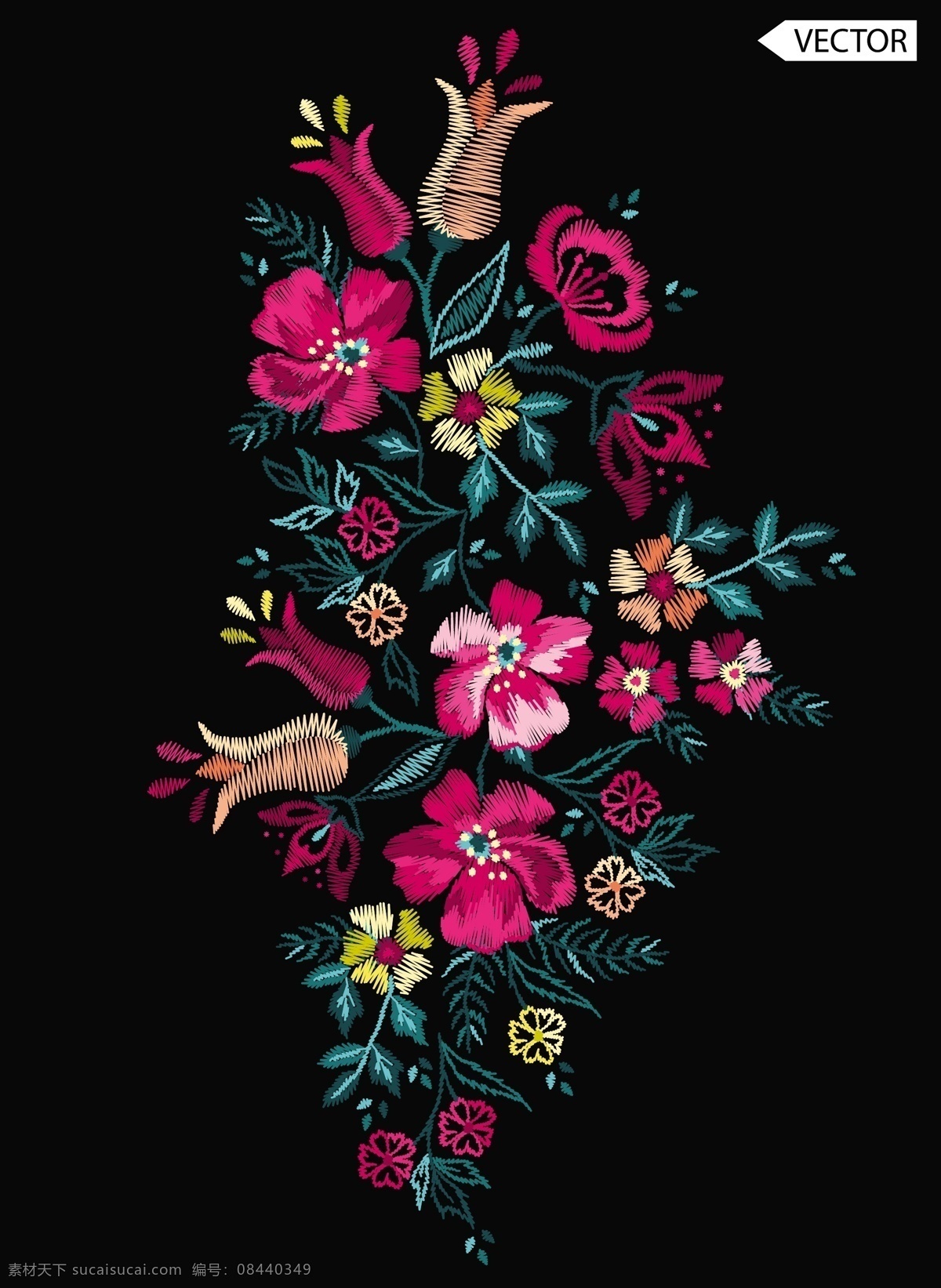 刺绣花卉 绣花 矢量素材 中国风 旗袍 刺绣 花卉 平面素材