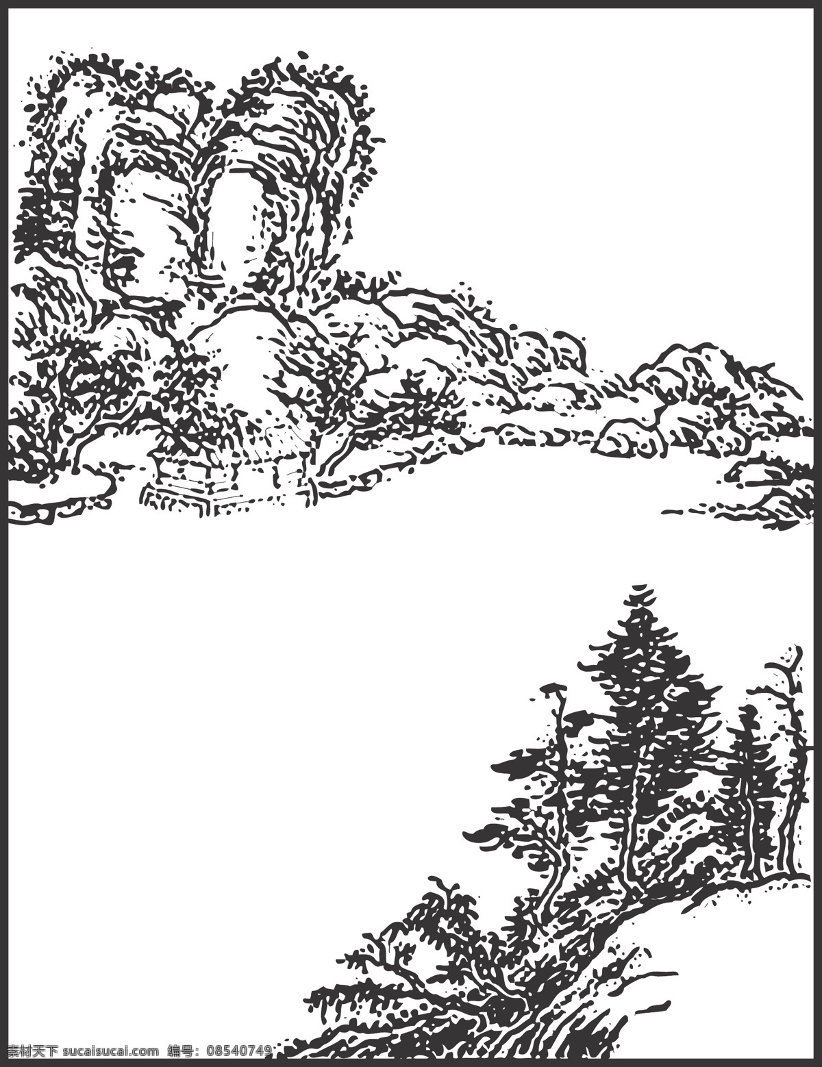 风景 大山 植物 树木 线条 矢量 装饰 插画 白描 景观 绘画 文化艺术 绘画书法