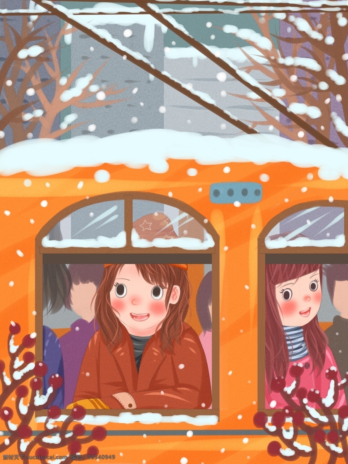 冬天 你好 有轨 电车 上 外 看 雪 人们 扁平 插画 女孩 城市 植物 街道 冬天你好 有轨电车 积雪 下雪 乘客 树