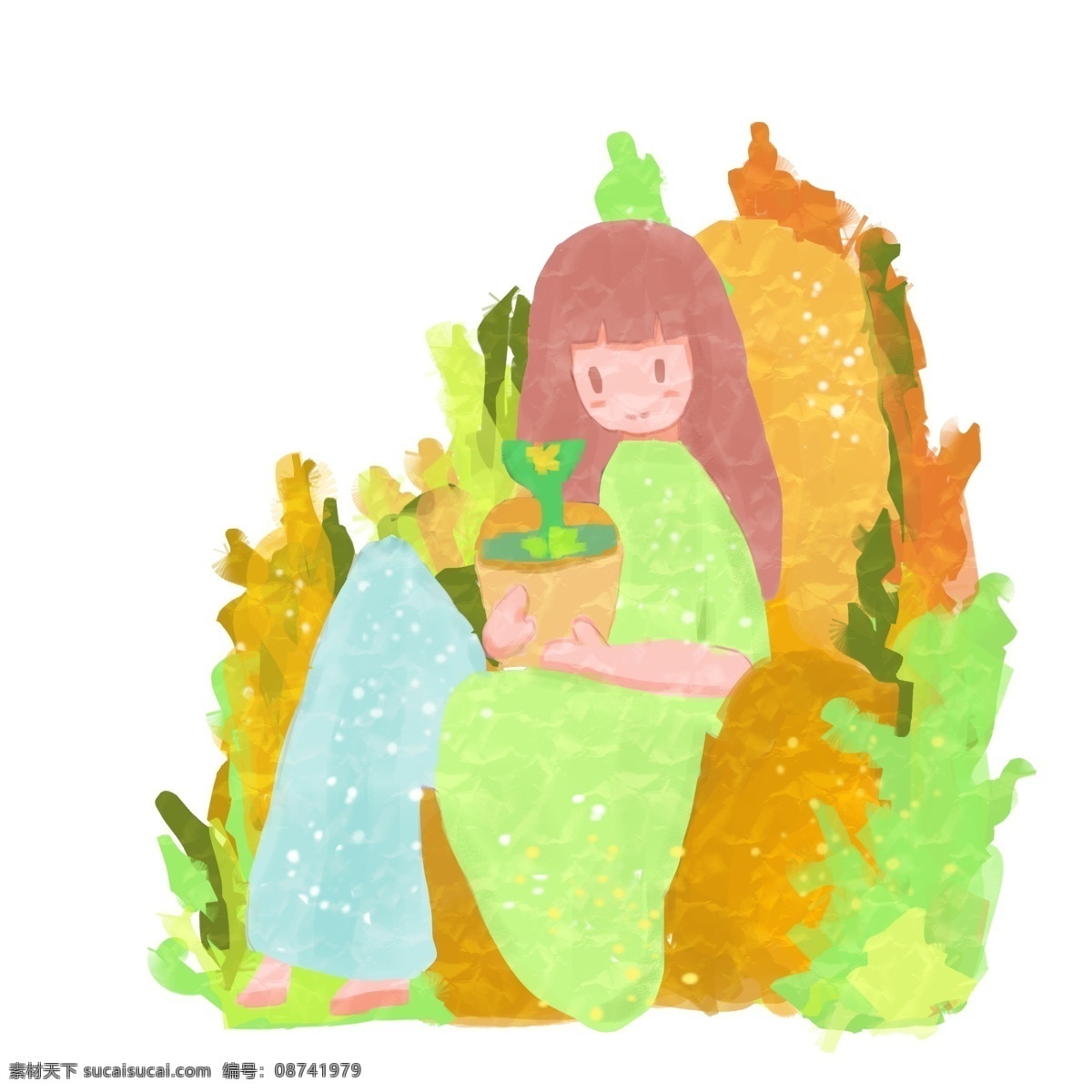 清明节 盆栽 女孩 插画 漂亮的女孩 卡通的插画 清明节插画 清明节游玩 清明节玩耍 美丽的盆栽