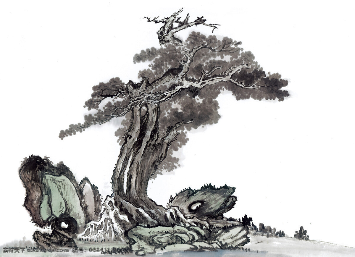 古树奇石 国画0015 国画 设计素材 中国画篇 书画美术 白色
