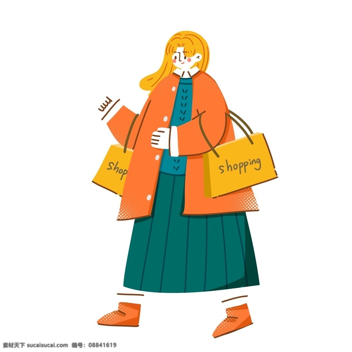 卡通 手绘 购物 女孩子 插画 人物 女孩 逛街 女生 购物袋 shopping