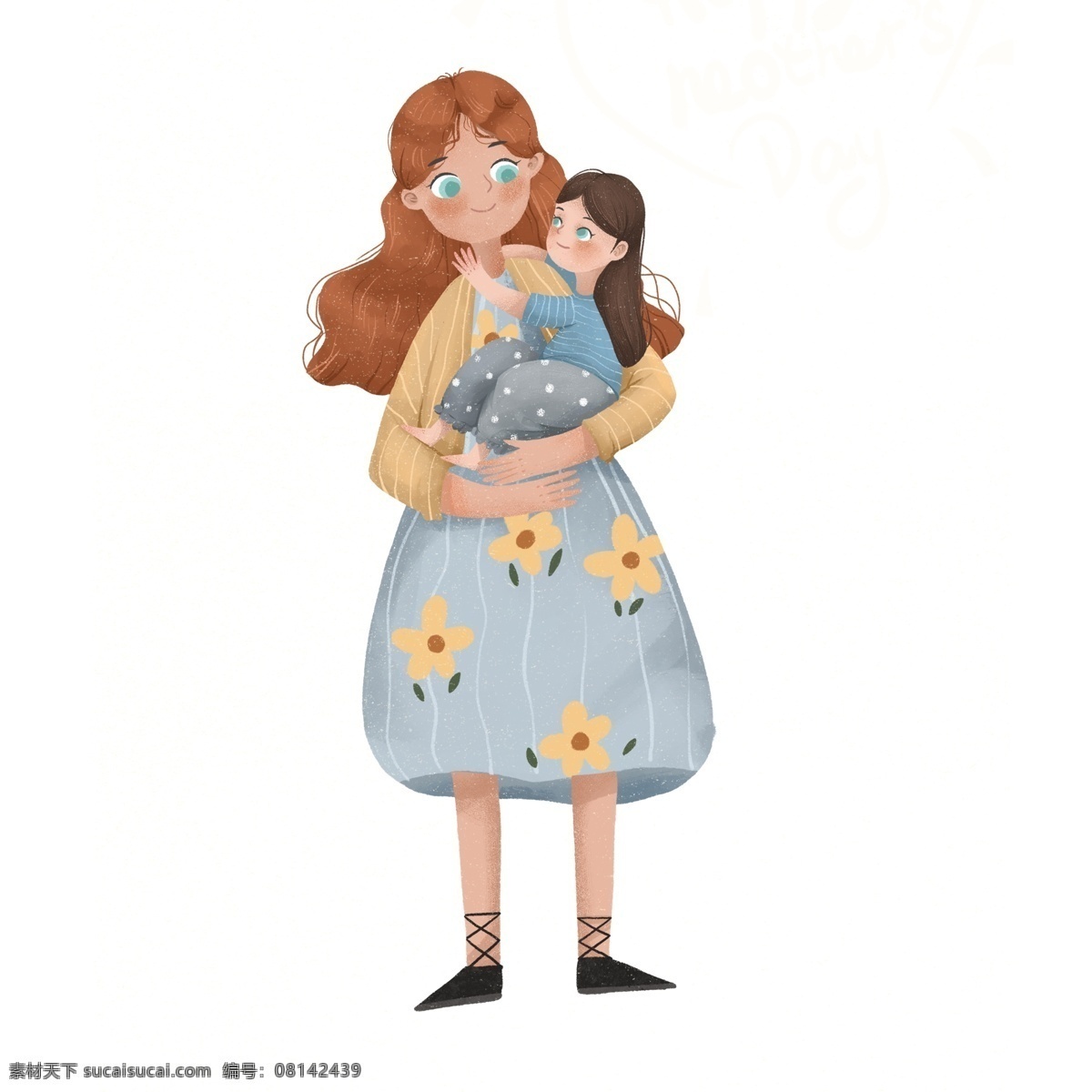 复古 肌理 温馨 母亲节 抱 女儿 妈妈 治愈系 插画 女孩 人物设计
