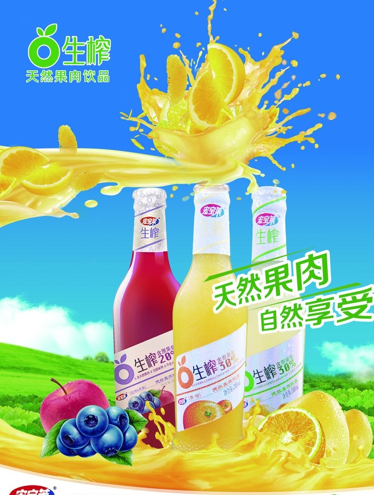 果汁海报 海报 果汁 饮料 天然果肉 自然享受 果浪 瓶子 蓝天白云绿地 广告设计模板 源文件