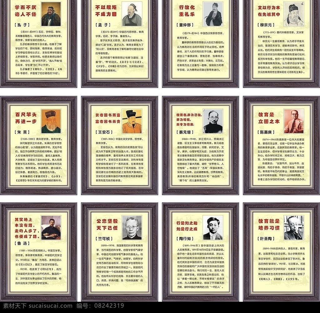 名人介绍 校园文化 走廊布置 历代教育学家 像框 名人名言 孔子 孟子 董仲舒 柳宗元 朱熹 王安石 蔡元培 鲁迅 叶圣陶 文化艺术 传统文化 矢量图库