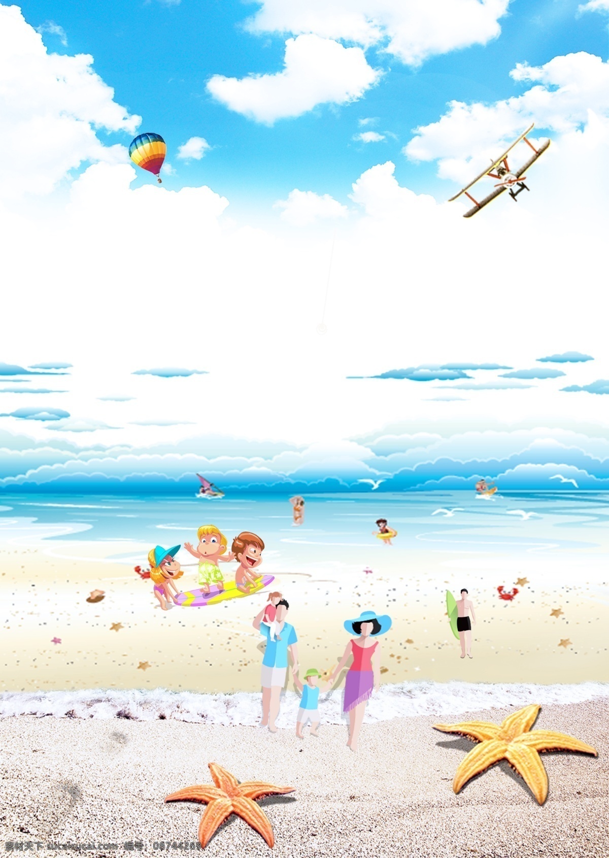 沙滩 热气球 飞机 人物 小孩 海星 天空 大海 海鸥 青春 夏季 清凉 旅游 脚印 唯美 白色