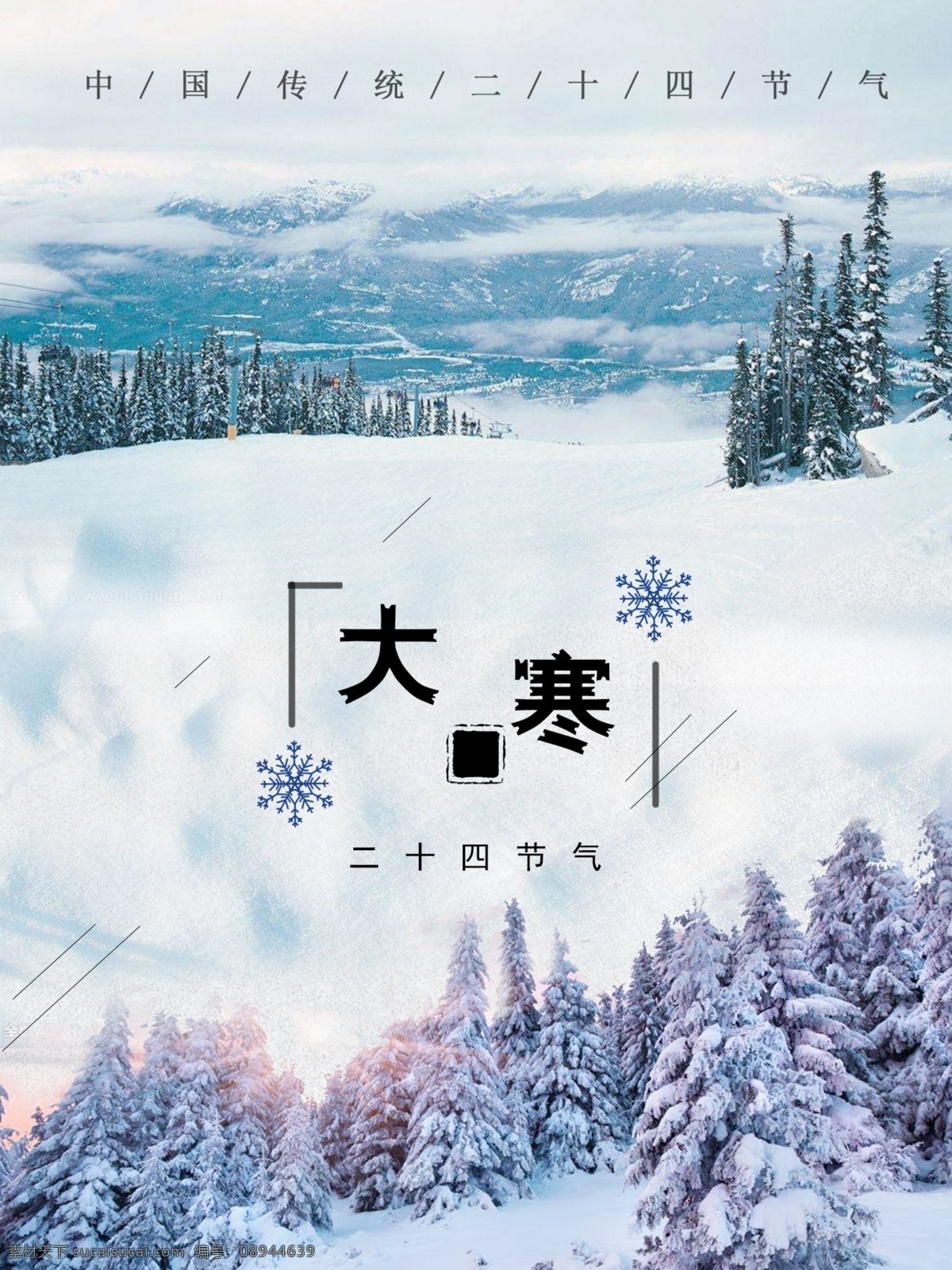清新 自然 大寒 白色 二十四节气 唯美 线条 雪地 雪花图案 雪景