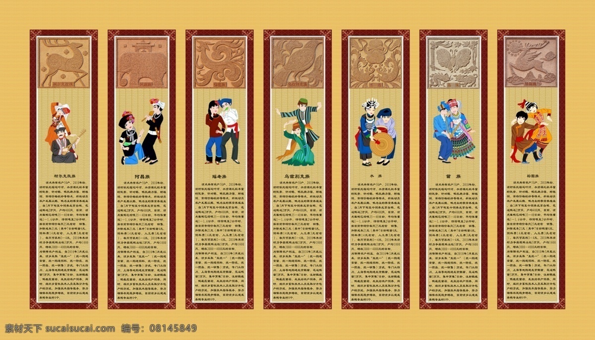 民族 简介 柯尔克孜族 阿昌族 瑶老族 乌孜别克族 水族 苗族 图腾 展板模板 广告设计模板 源文件