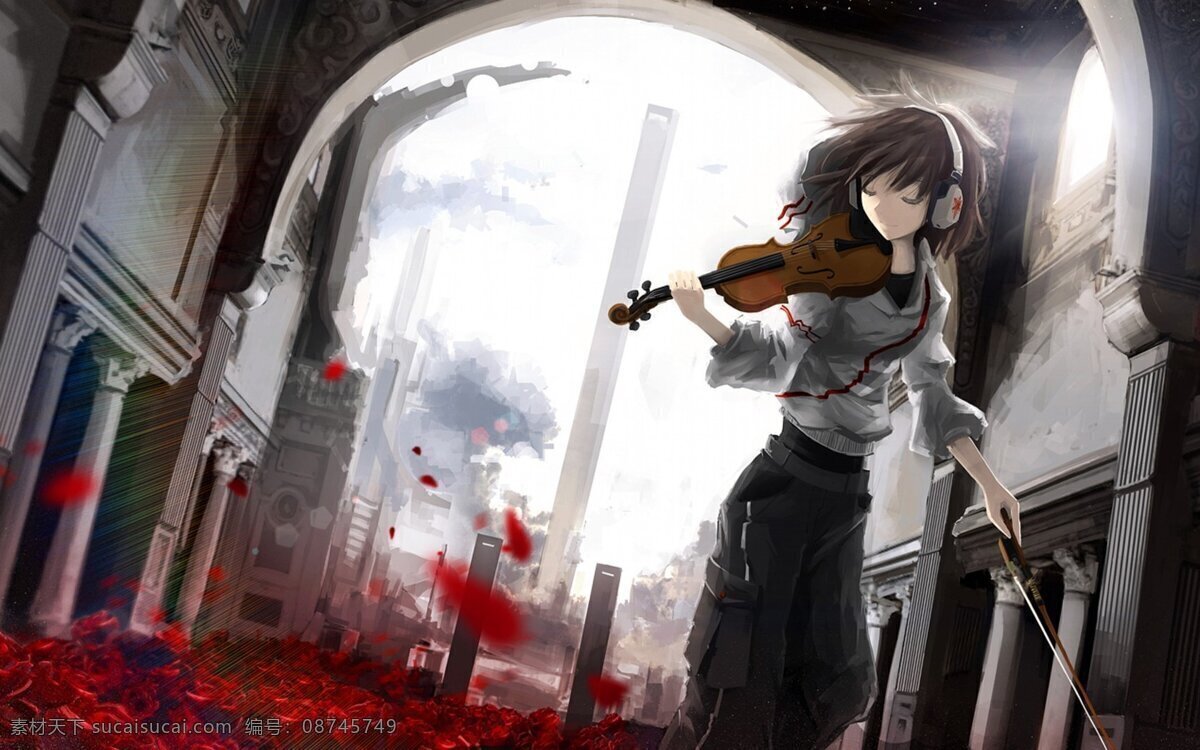 动漫 女生 拉琴 意境 图 小提琴 耳机 城市轮廓 血色花朵 高塔 动漫人物 动漫动画