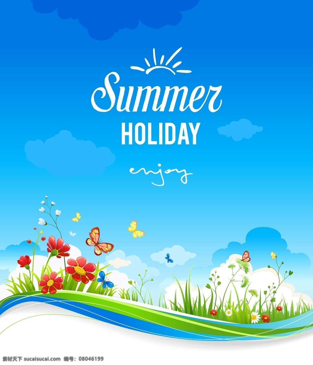 夏日 假期 自然 背景 矢量 草丛 蝴蝶 花卉 矢量图 其他矢量图