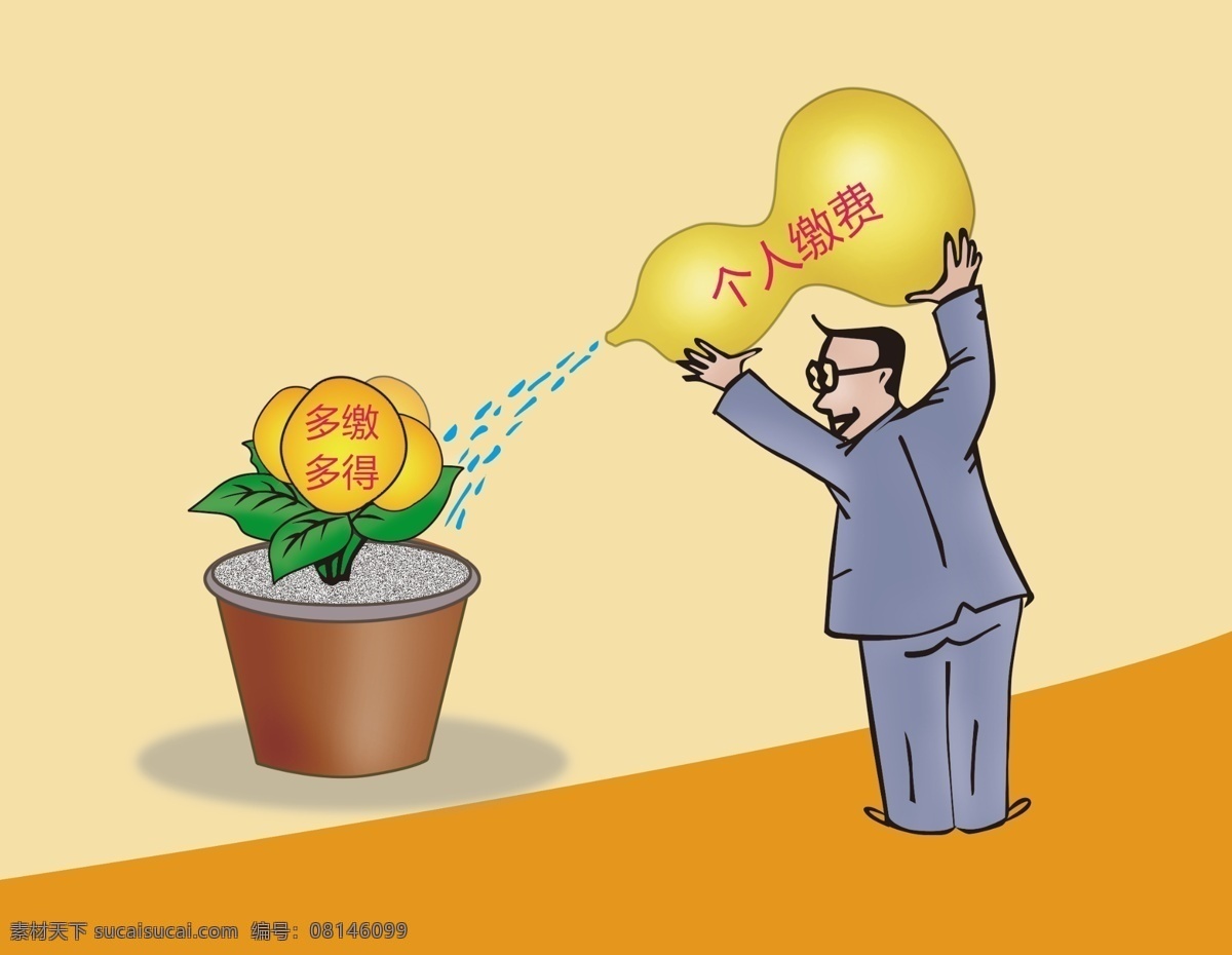 养老保险 缴 多得 卡通 插画 多缴多得 养老 保险 养老金 动漫动画 动漫人物