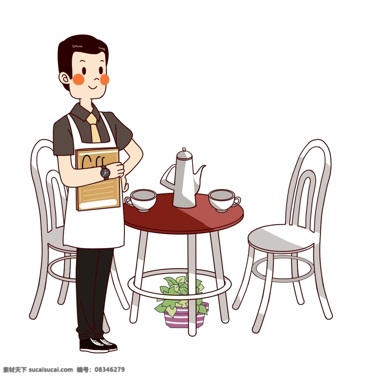 餐厅 服务 人员 插画 手绘 餐桌 座椅 饭店 饭馆 酒店 饭桌 茶壶茶碗 服务生 卡通人物 饭厅