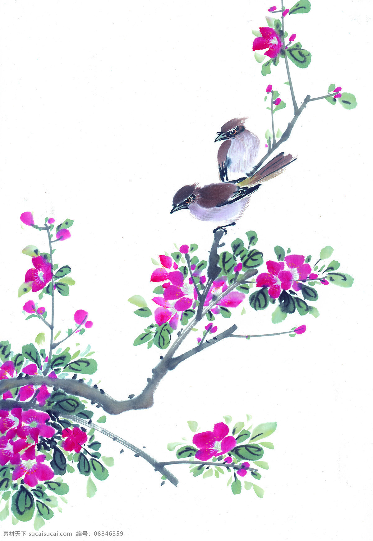 动物免费下载 动物 花丛 喜鹊 小鸟 油墨画 中华艺术绘画 文化艺术