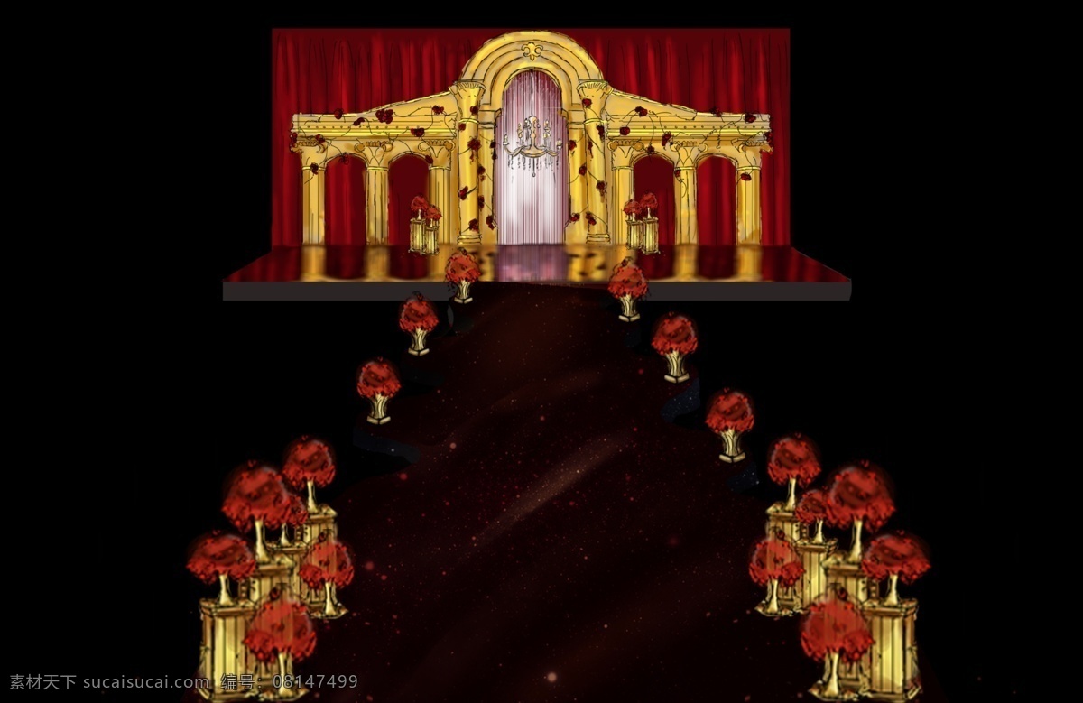 婚礼 手绘 舞台 红色 金色 罗马柱 婚礼手绘 婚礼设计 婚礼舞台 红色系 金色罗马柱