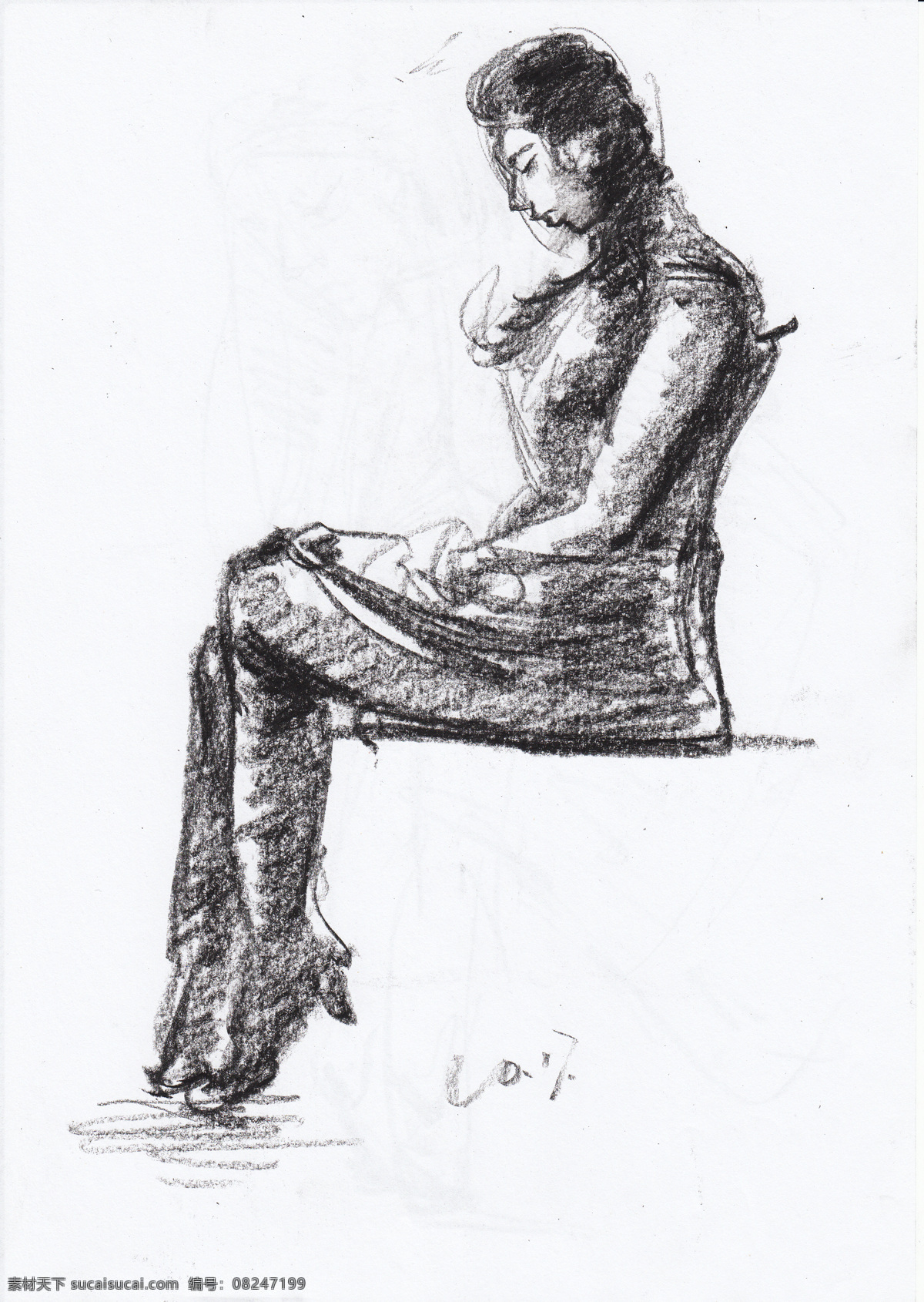 坐姿 女 青年 速写 人物速写 人物肖像 设计素材 素描速写 西洋美术 书画美术 白色