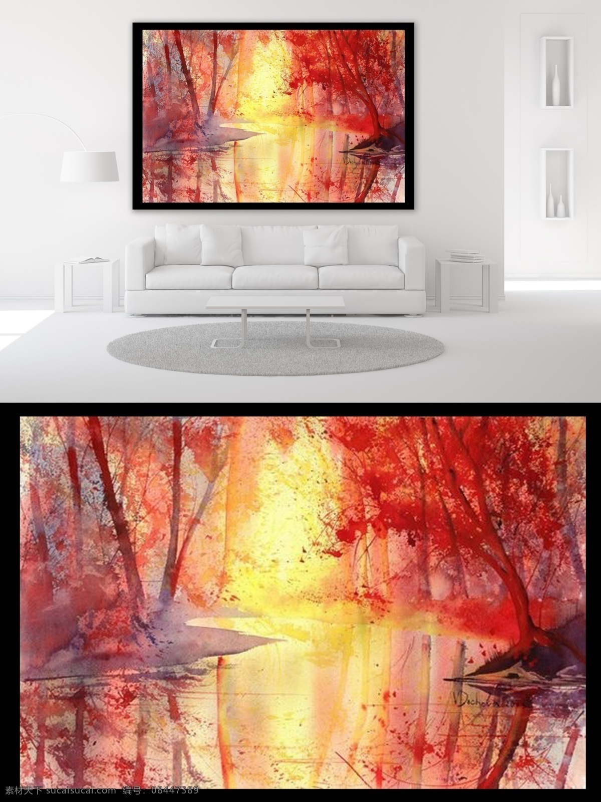 红树林 油画 风景 植物 装饰画 阳光 树林 树影 水面 倒映 红 画家