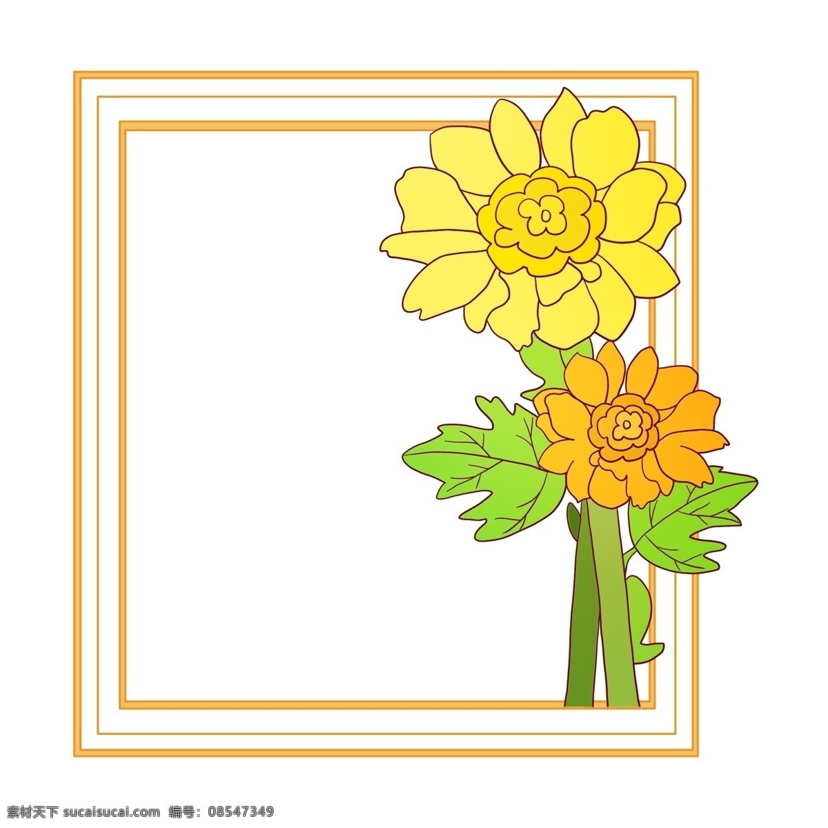 卡通 黄色 花 框 插画 黄色花瓣花框 绿色树枝 绿色树叶 黄色花朵 盛开的花朵 美丽的花朵 漂亮的花朵