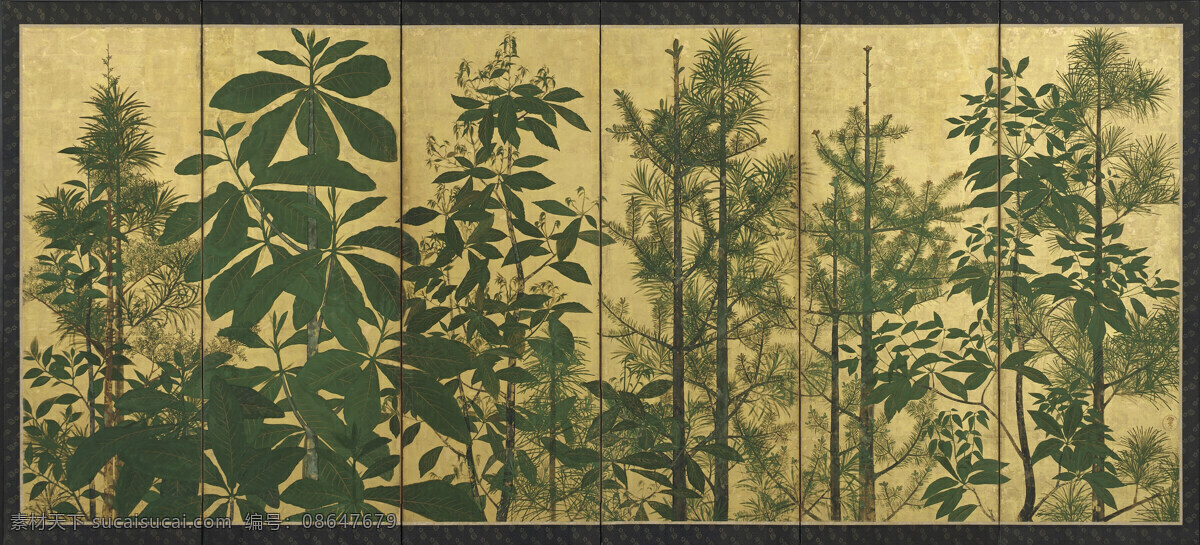 版画 草丛 插画 插画设计素材 浮世绘 绘画书法 树木 插画模板下载 金锡箔 江户时代 文化艺术 插画集