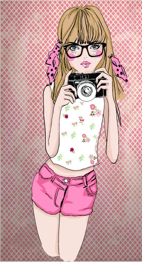 时尚插画女孩 卡通插画 女孩 拿相机的少女 美少女插画 妇女女性 矢量人物 矢量