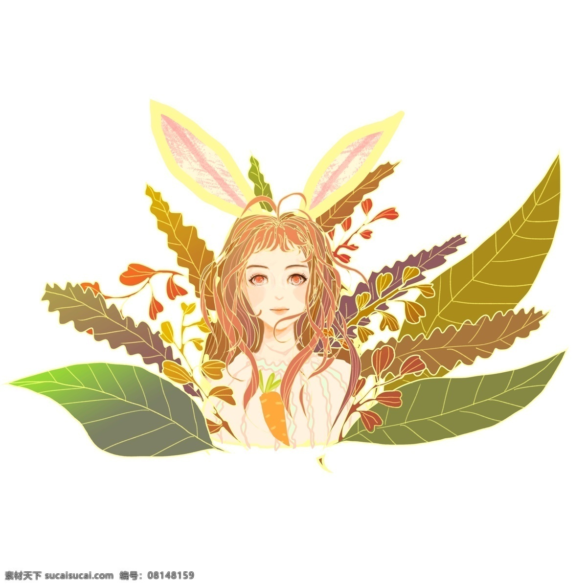 兔 女孩 植物 流光溢彩 商用 元素 复古 插画 手绘 兔耳朵