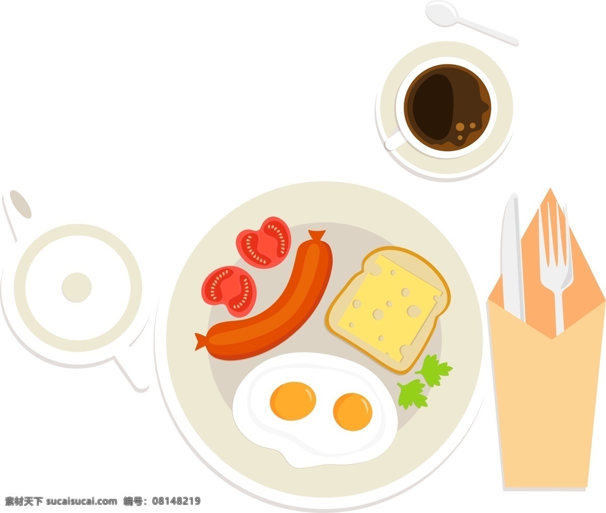 西式 早餐 原创 元素 刀叉 牛奶 西餐 营养 面包片 香肠 煎蛋 咖啡 番茄片 西式早餐