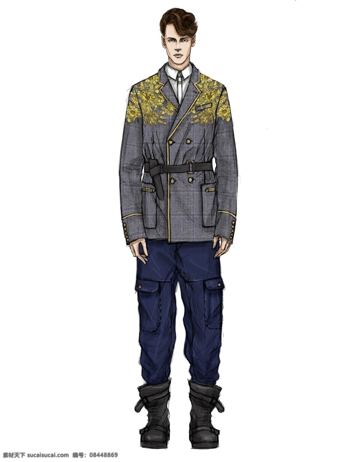 个性 黄色 花纹 大衣 男装 服装 效果图 白色衬衫 深色裤子 深色腰带