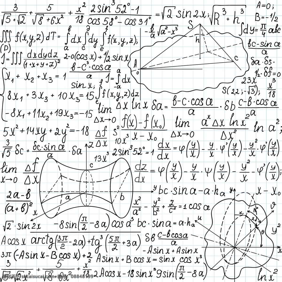 数学公式 手绘数学公式 手写 方程式 函数 教学 几何 计算 数学题 底纹背景 矢量 生活百科 学习用品