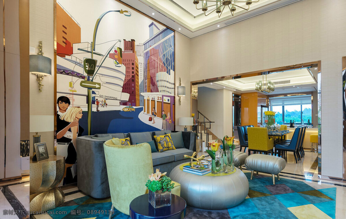 现代 时尚 客厅 浅色 皮质 沙发 室内装修 效果图 客厅装修 蓝色地毯 圆形茶几 浅色背景墙