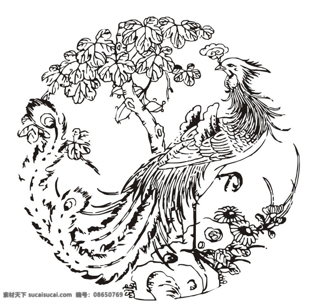 凤 树 凤纹 凤凰 凤凰纹 适合纹样 圆形 花纹 底纹 纹样 古代 中国古代 传统 传统纹样 传统图案 吉祥 吉祥图案 传统文化 古典 黑白 文化艺术 装饰 装饰图案 民间 设计师图库 矢量