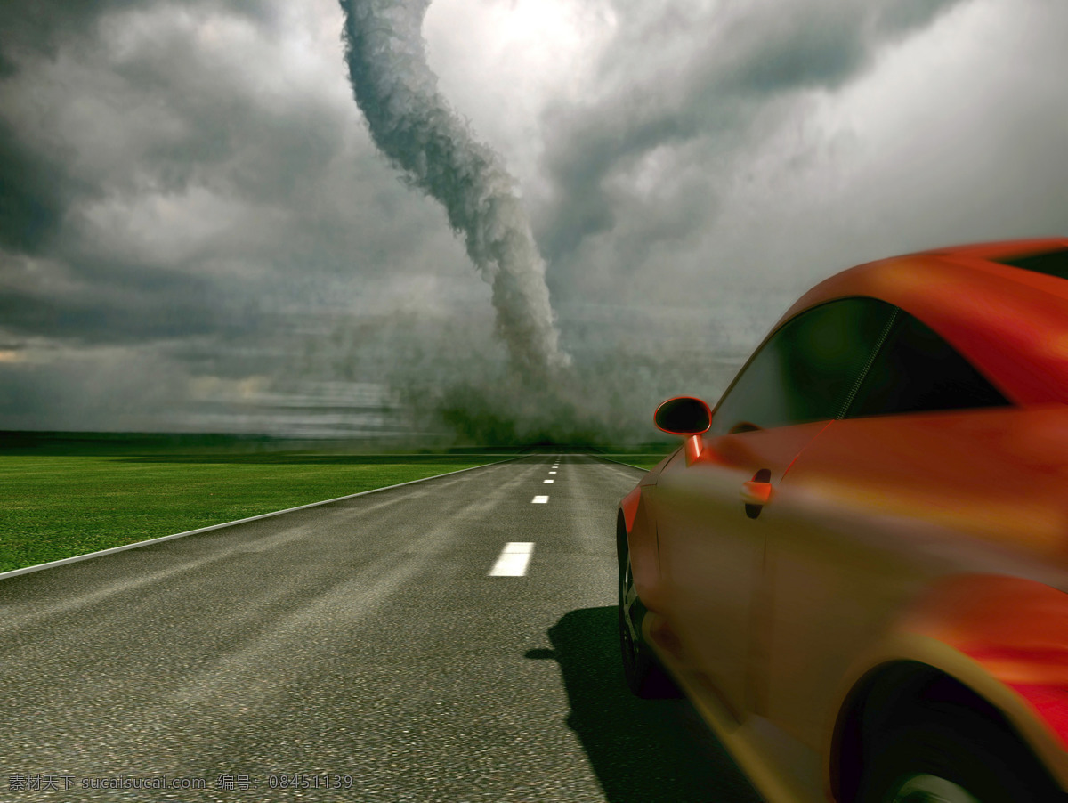 公路 上 龙卷风 道路 汽车 自然现象 自然灾害 灾难 其他风光 自然景观 灰色
