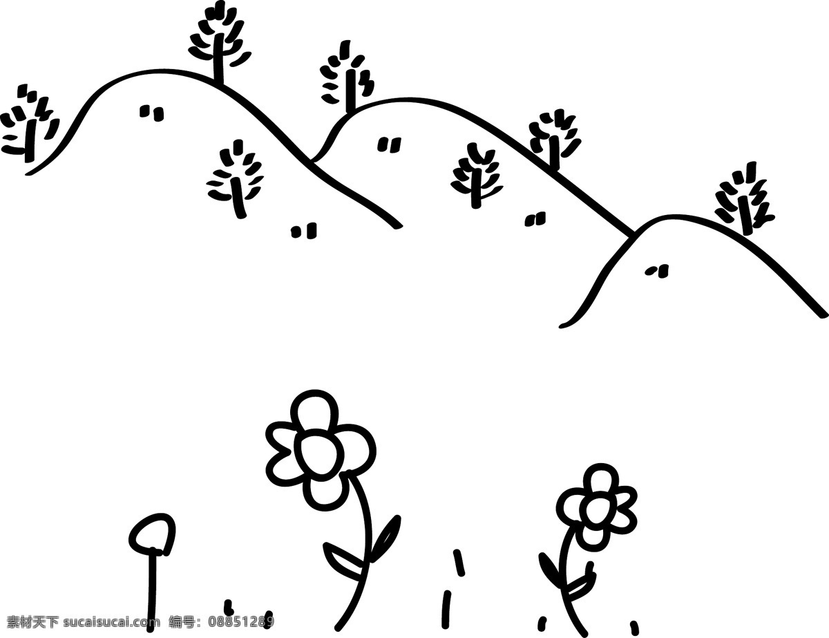 手绘花朵 山峦 可爱 儿童画 线描稿 线条 山 树 小树 小花 花朵 手绘 矢量 自然景观 建筑园林