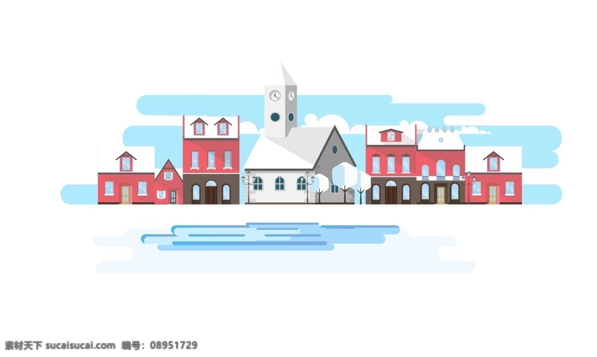 特色 乡村 建筑 插画 房子 下雪 城堡 红房子