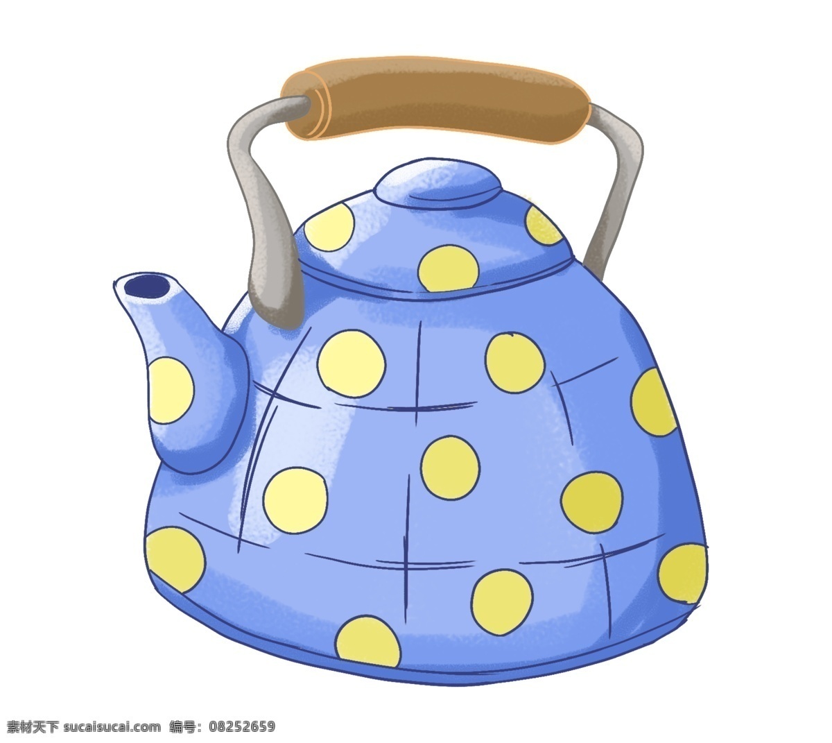 蓝色 圆形 茶壶 插图 立体茶壶 黄色圆点 漂亮的茶壶 棕色手把 生活用品 喝茶茶壶 玻璃器器材 功夫茶