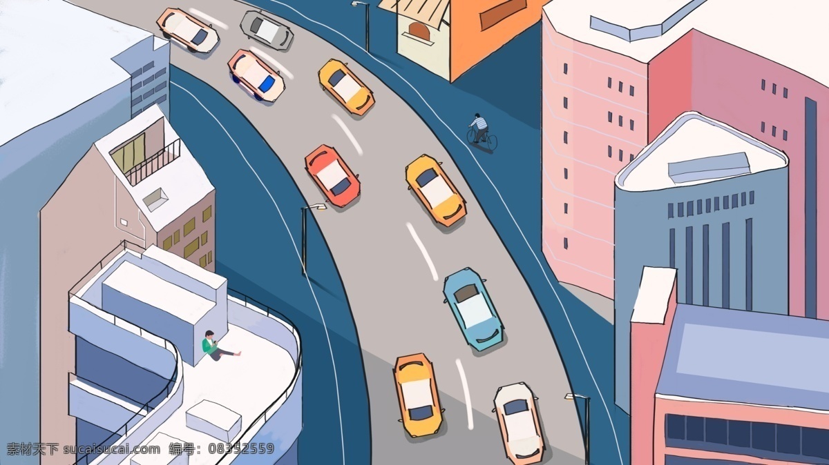 原创 插画 城市生活 高楼 公路 写字楼 原创插画 办公区
