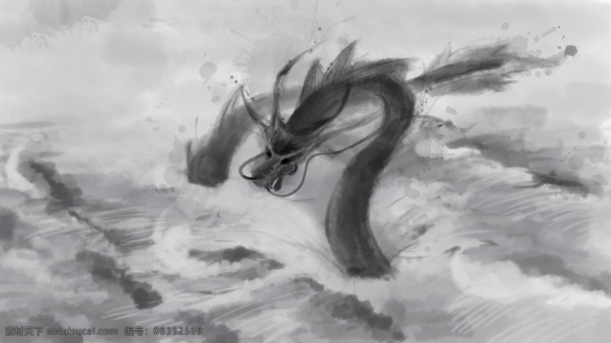 蛟龙 出海 中国 水墨 风 插画 中国风 水墨画 海浪 黑色 古代画风 白色 灰色 大浪滔天 蛟龙出海 传统画风