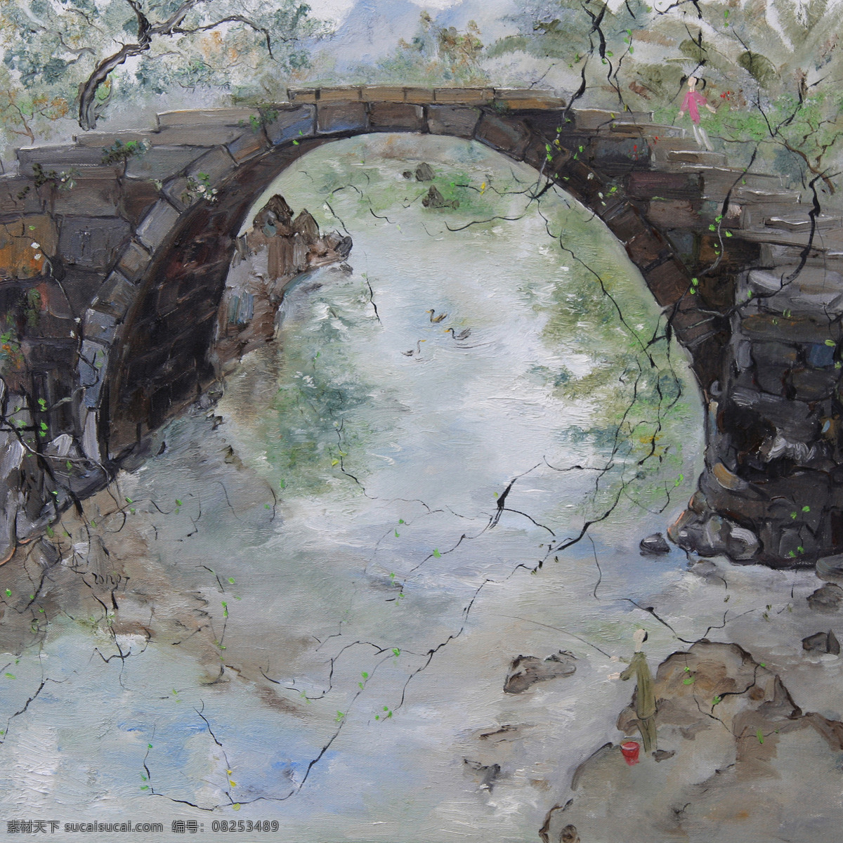 风景 绘画书法 美术 树木 文化艺术 溪流 乡村 乡间小景 油画 古石桥 乡民 油画艺术 油画作品48 家居装饰素材