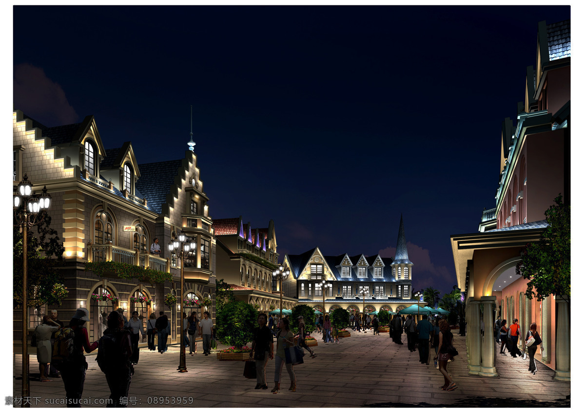 欧式 建筑 商业街 夜景 效果图 灯光 亮化 店铺 建筑设计 环境设计