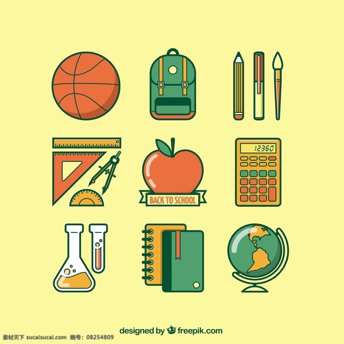 各种 回 学校 图标 教育 篮球 苹果 科学 铅笔 笔记本电脑 回到学校 计算器 实验室 后面 教育图标 铅笔图标 统治者 黄色