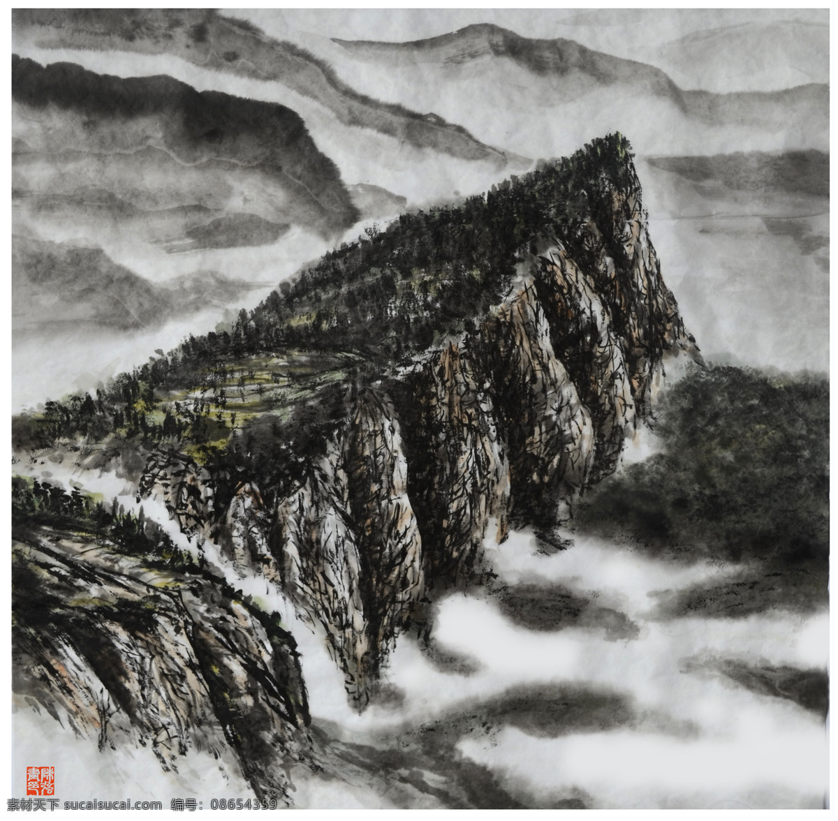 大山 高山 国画山水 绘画书法 山峰 山坡 山水画 雨后五女山 中国画 纸本设色 远山 石 石头 云雾 树木 树林 杂树 印章 陈强 国画作品 文化艺术 装饰素材 雕刻 图案
