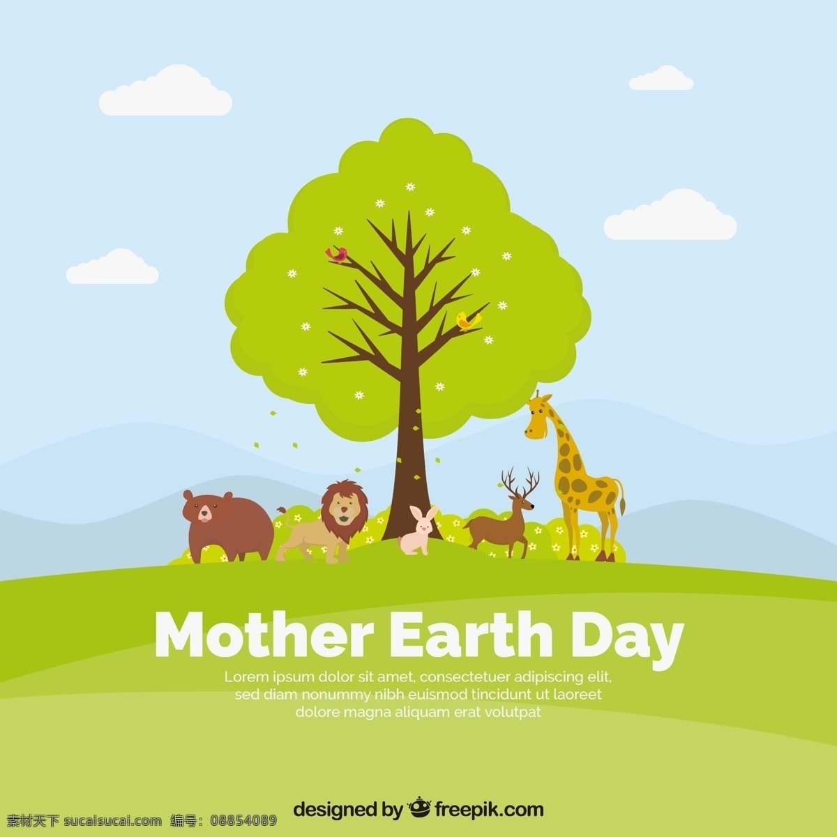 伟大 地球 母亲 日 树 动物 背景 自然 大地 色彩 狮子 熊 母 鹿 平 生态 多彩的背景 有机 兔 环境 平面设计
