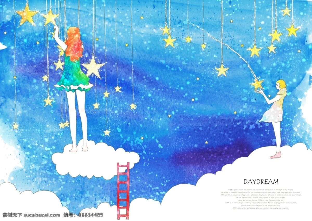 摘 星星 女孩 插画 梯子 云朵 白色