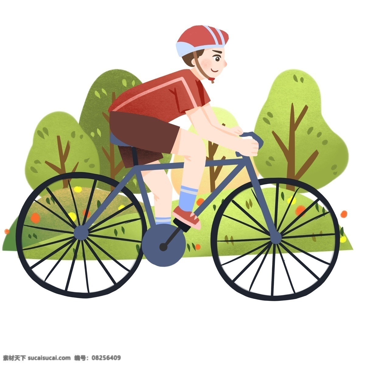 骑车 健身 小 男孩 运动健身插画 骑车健身 健身的小男孩 黑色的自行车 卡通人物 红色的头盔