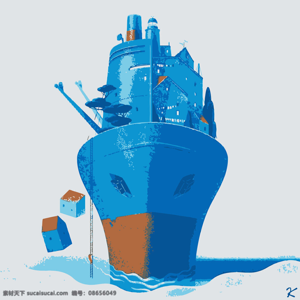 behance 创意 插 画船 插画 船 蓝色 箱子 灰色