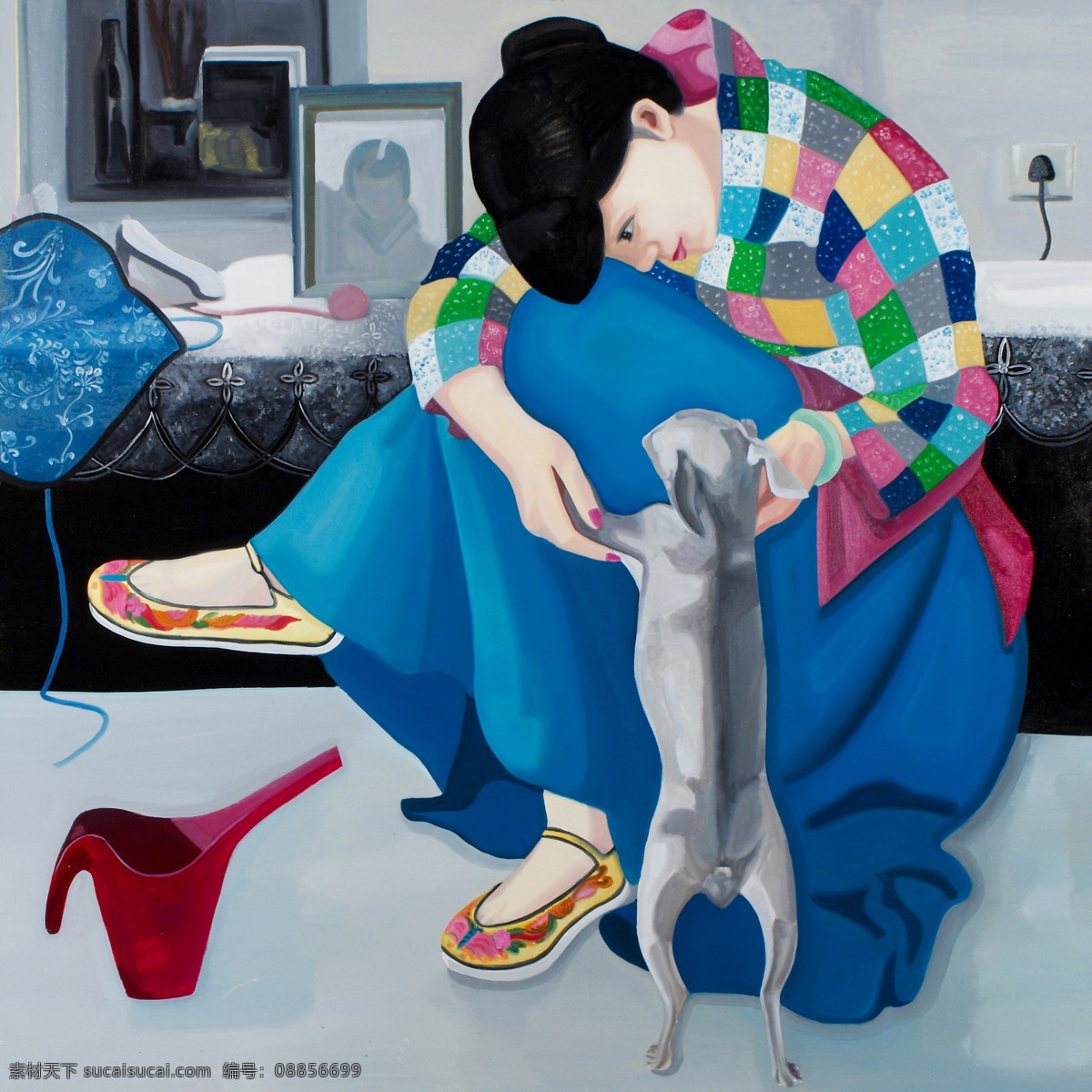 表情 动作 房间 服饰 妇女 绘画书法 美术 女郎 熟女风情 刘梅子作品 油画 女人 女子 姿势 小狗 油画艺术 油画作品36 文化艺术 家居装饰素材