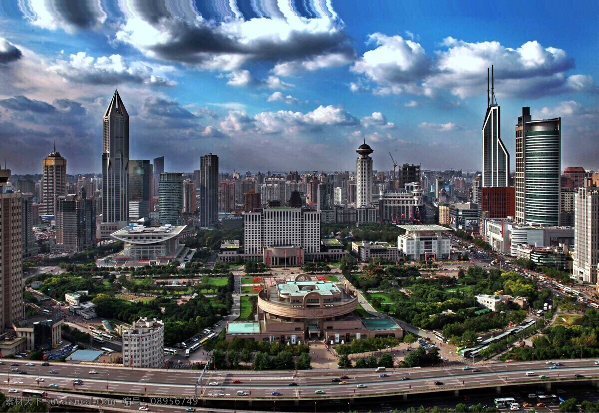 上海 人民广场 俯瞰 明天广场 世茂国际广场 标志性建筑 市政府大楼 上海博物馆 绿地 高架道路 各种建筑 蓝天白云 景观 景点 旅游摄影 上海風光 国内旅游