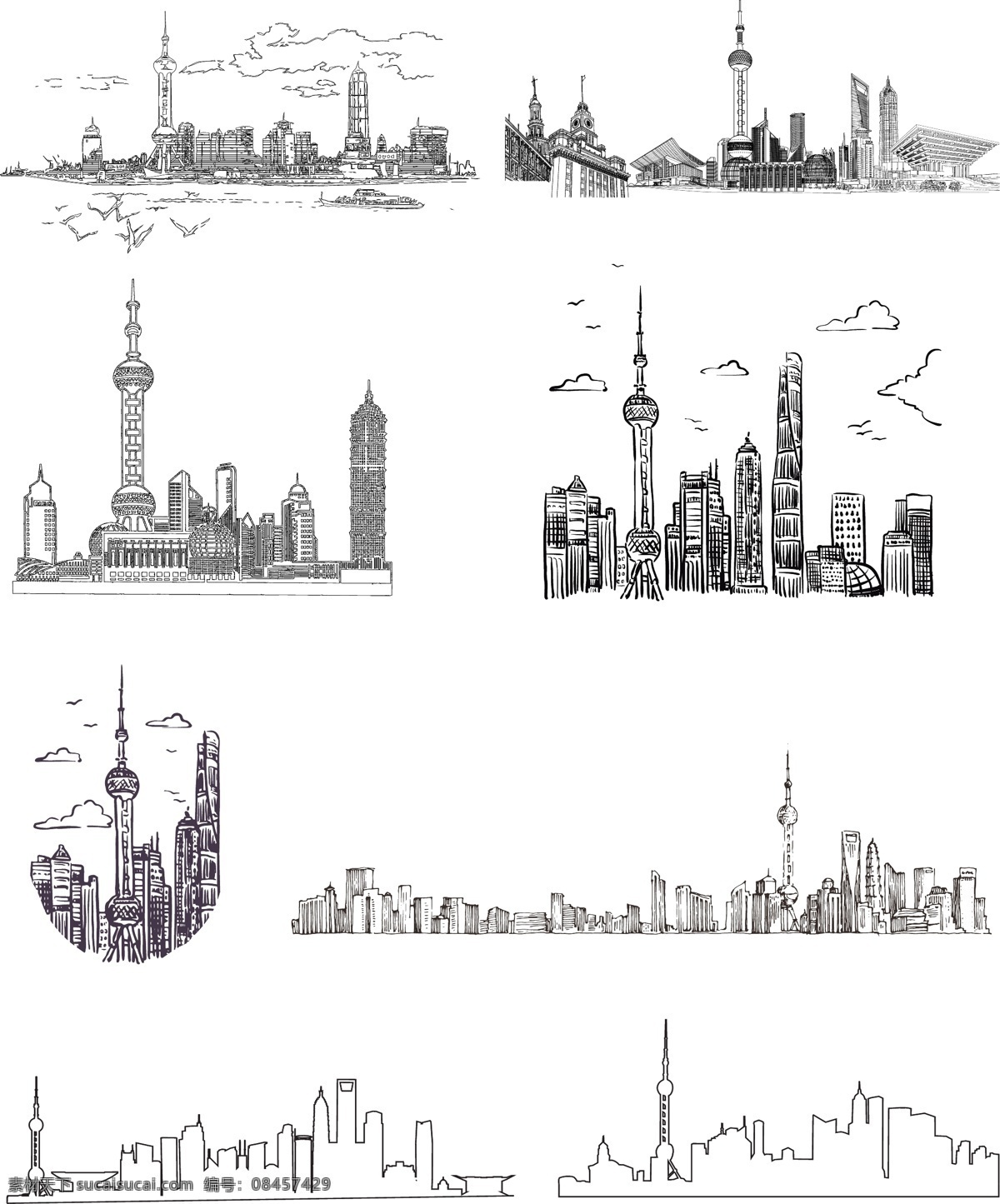 黑色 手绘 上海 建筑 东方明珠 线稿 插画 上海建筑 上海东方明珠 上海景观 外滩